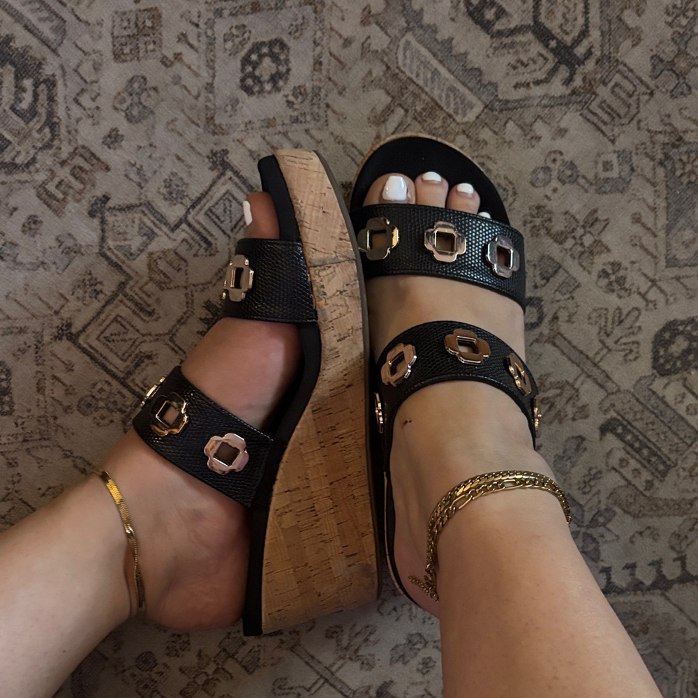 Corkys Black and Gold Wedge Sandals